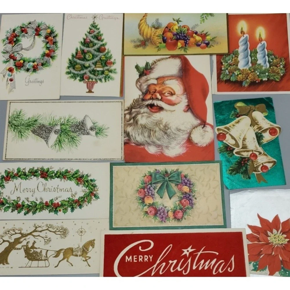 12 Old Vintage Used Greeting Card Fronts Christmas Greetings Embellished Glitter